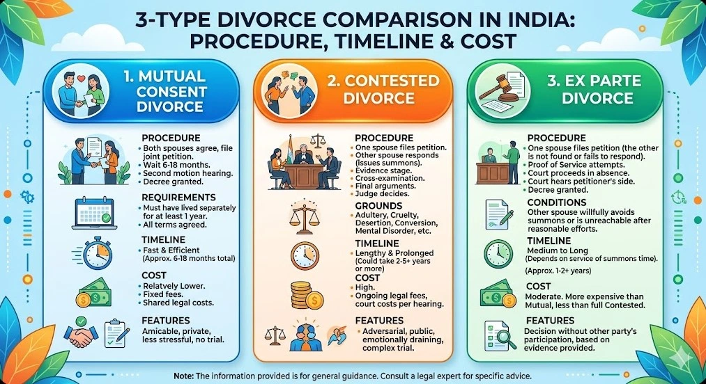 divorce procedure India mutual contested ex parte comparison timeline cost