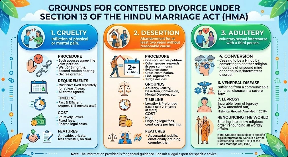  contested divorce procedure India Section 13 Hindu Marriage Act grounds cruelty desertion