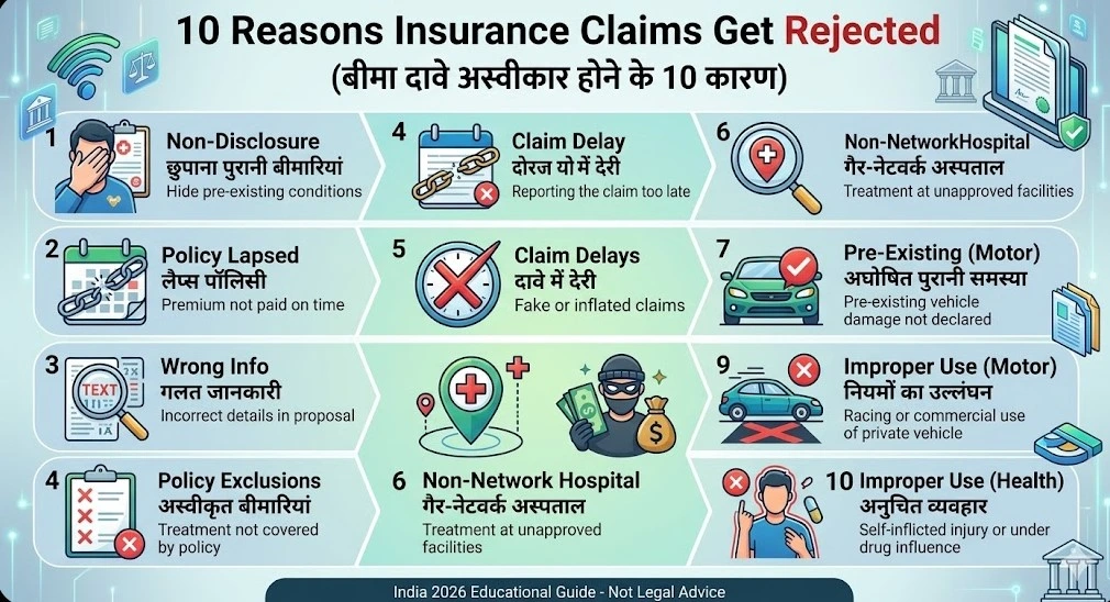 insurance claim reject reasons India health motor life common 2026