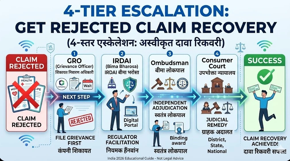 insurance claim reject recovery 4 tier system India IRDAI ombudsman consumer court 2026