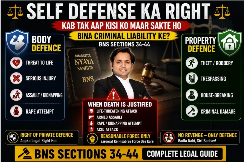 self defense ka right India BNS Section 38 41 death justified body property defence situations