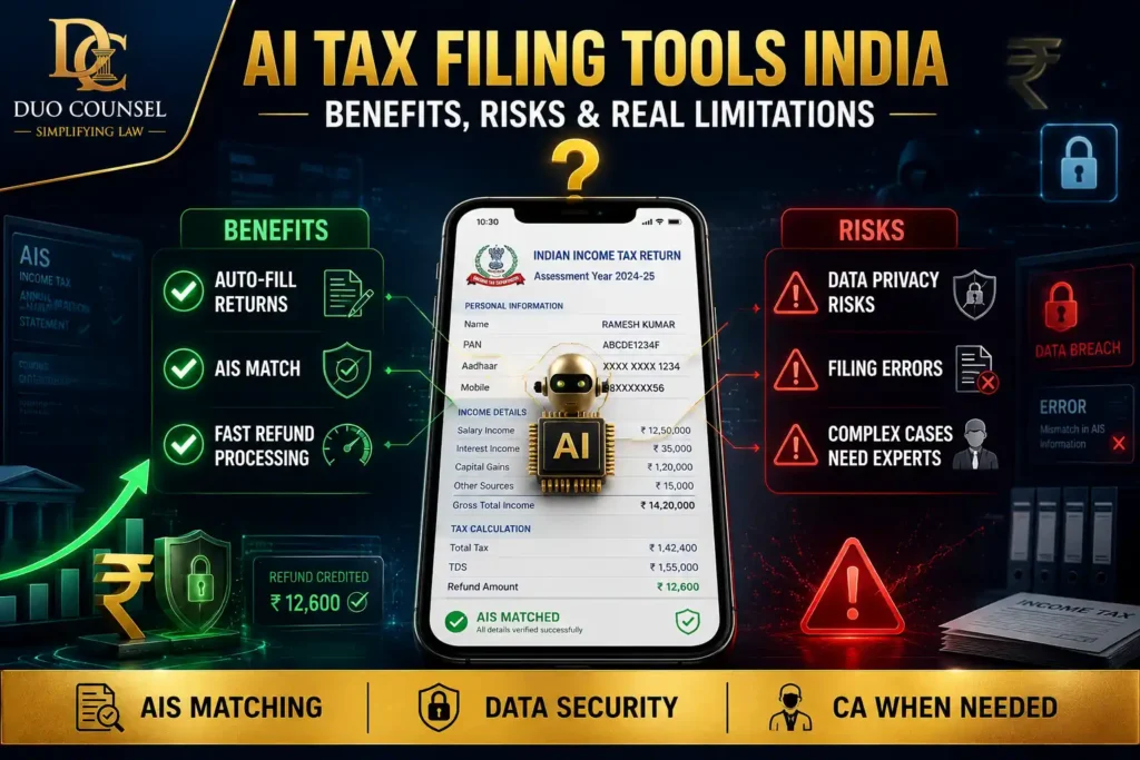 AI tax filing tools India ITR ClearTax EZTax TaxBuddy risks benefits data privacy automated income tax return